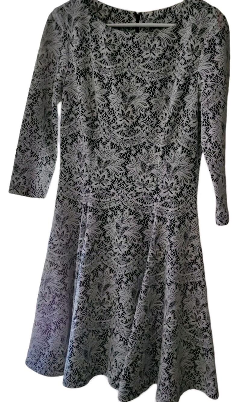 Eliza J Black Dress Size 10 Cream Floral Fit & Flare 3/4 Sleeve Embossed 3D